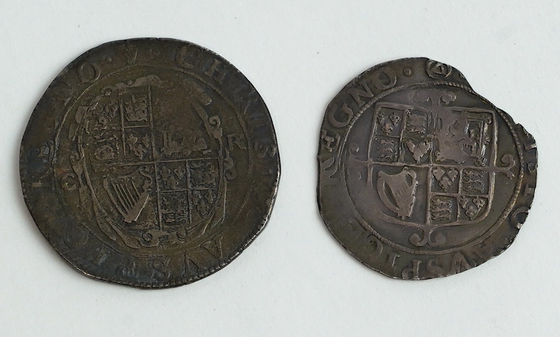 British hammered silver coins, Charles I (1625-49), halfcrown, (S2771), mm. harp, c.1632-3, VG and shilling, mm. triangle in circle, c.1641–3 (S2799), VG (2)